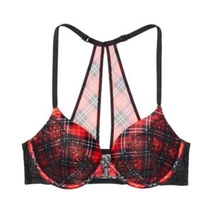 Victoria Secret Bra Very Sexy Push Up Plunge Red Hertiage Plaid Lace Front Clasp